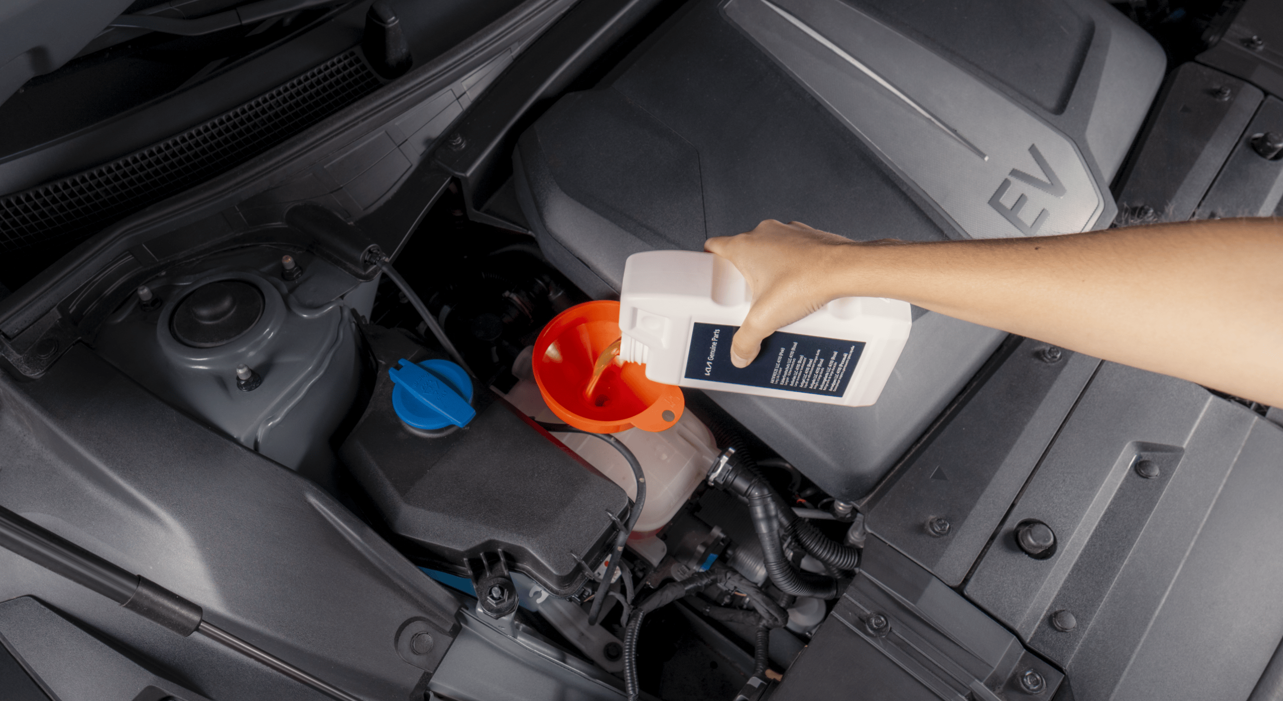 Ein Kia Kunde füllt Flüssigkeiten im Motorraum auf.